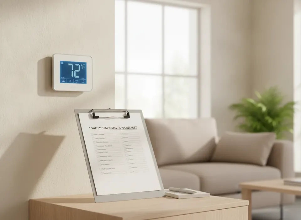 Thermostat on a wall beside an HVAC checklist