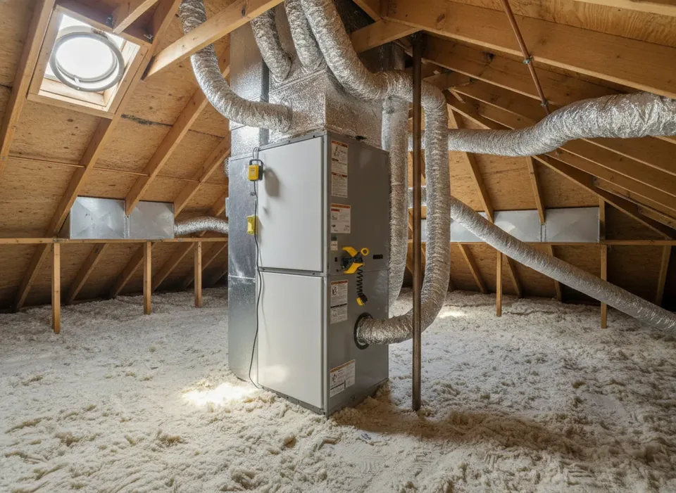 Air handler and ductwork in a residential attic