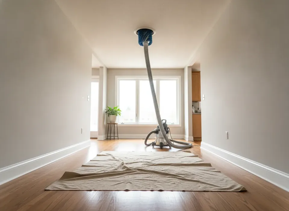Duct cleaning brush and hose at a ceiling vent