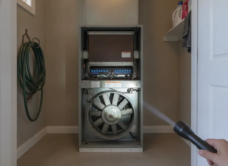 Open gas furnace cabinet in a utility closet