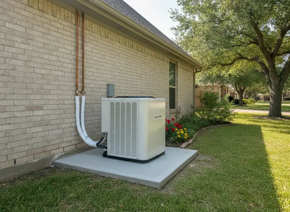 New outdoor AC condenser on a concrete pad beside a home