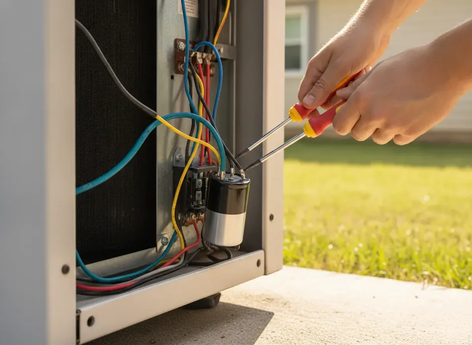 Hands replacing a capacitor inside an AC unit's service panel